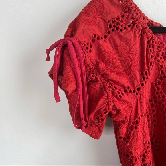 Shoshanna anthropologie eyelet red belted ruffle midi dress size 2 wedding guest - Picture 6 of 14